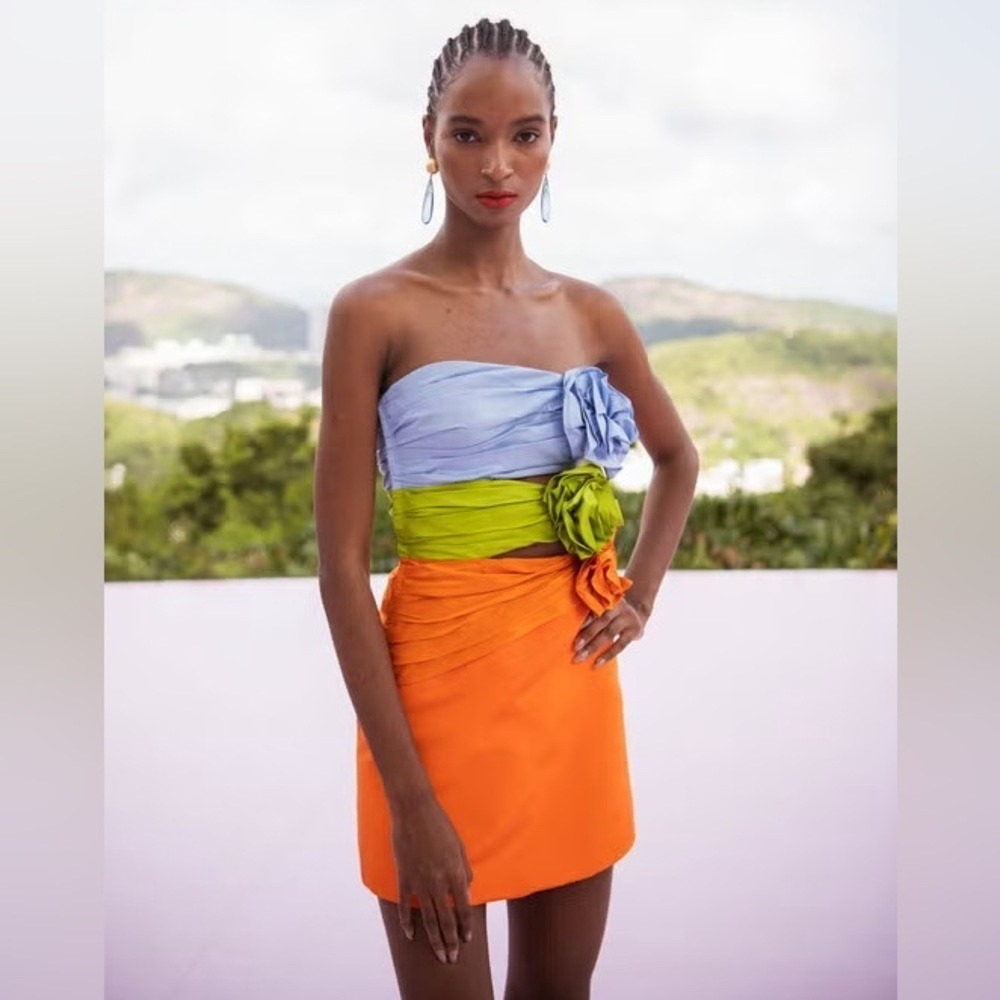 Mew Mews Colorblock Rosette Strapless Mini Dress Orange Blue Green Medium
